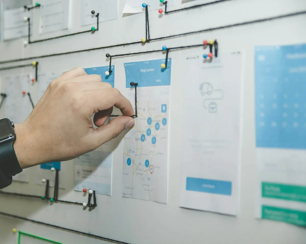 User flows and wireframes mapped out on a wall